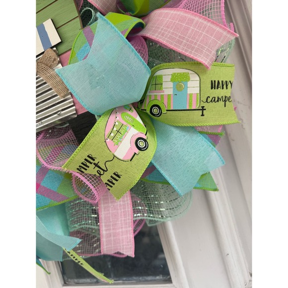Pink Mint Green Camper Mesh Ribbon Easter & Spring Wreath Front Door Hanger xxx - Picture 6 of 10